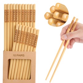 SEMORK 10 Pairs Bamboo Chopsticks Reusable, Dishwasher Safe, Japanese & Chinese Style,Chop Sticks Non-Slip Blessing 9.5in (Family Harmony,10Pairs)