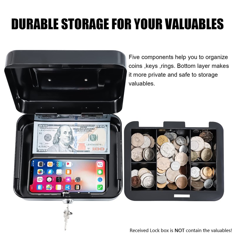 Kyodoled Medium Cash Box with Money Tray,Small Safe Lock Box