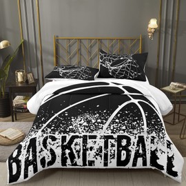 Bodhi Teen Boys Bedding Set Twin,Sports Comforter Set Set with Matching Pillowcase,Twin Size Boys Basketball Comforter Set,Black and White Color Bedding Comforter Set