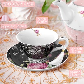 London Boutique Tea Cup and Saucer Set 1 Afternoon Tea Set New Bone China Vintage Flora Gift Box 200m (Black)