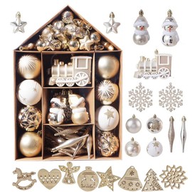 wemitas Christmas Tree Ornament, Gold, Silver, Ornament, Balls, Large Capacity, 70 Pieces, Scandinavian Wooden, 8 Types, Set of 14 (Gold)