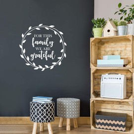 Vinyl Wall Art Decal - for This Family We are Grateful - 22" x 22" - Thankful Inspirational Thanksgiving Season Quote Wreath Design Sticker for Home Entry Door Living Room Dining Room Decor (White)