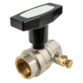 tecuro Ball Valve with Emptying | Retractable Gland | Internal Thread Rp on Both Sides | 1/2 Inch (DN 15) | Aluminium T-Handle | Brass | Nickel-Plated | 37412