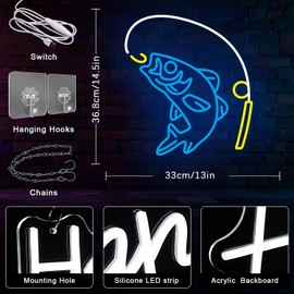 Gyaksjm Fishing Neon Sign for Wall Decor Fish Neon Light Fishing Hook Neon Light Sign Go Fishing LED Light for Fishing Shop Fishing Gear Store Fisher Club Room Man Cave