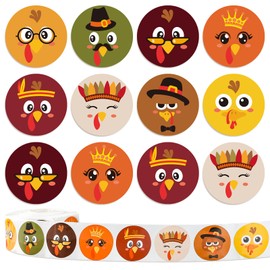 Whaline 1000Pcs Thanksgiving Stickers Roll Cute Turkey Expressions Decal Stickers Assorted Fall Turkey Pattern Adhesive Round Stickers Autumn Sealing Labels for Thanksgiving Party Supplies, 8 Design