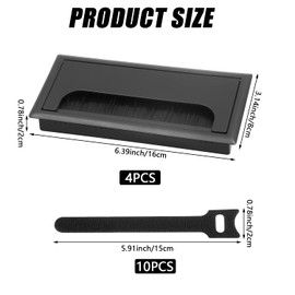 ADNEWX® 4 x Cable Grommet Black Square with Brush Seal and 10 Cable Ties for Furniture Desk Cable Outlet 80 x 160 mm