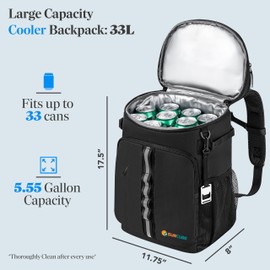 SUN CUBE Cooler Backpack 33 Can, Leakproof Insulated Backpack Cooler for Men Women, Camping Cooler Backpack for Beach Travel Hiking, Waterproof Lunch Backpack, Black