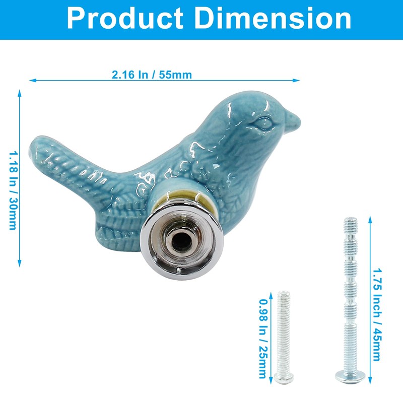 HARSKIYER Bird Shape Ceramic Knobs, 2 Pack Blue Cute Cabinet
