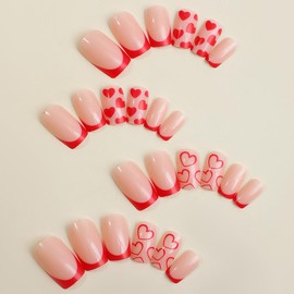 Press on Nails Short Square Fake Nails Red French False Nails with Red Heart Design Spring Nude Pink Acrylic Nails Glossy Glue on Nails Full Cover Stick on Nails for Women 24 Pcs