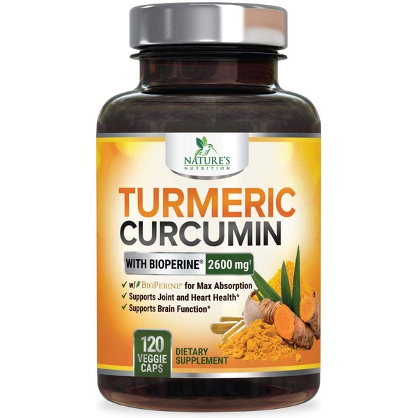 Turmeric Curcumin with Bioperine 95% Curcuminoids 2600mg with Black Pepper for Best Absorption, Made in USA, Best Vegan Joint Support, Turmeric Supplement Pills by Natures Nutrition - 120 Capsules