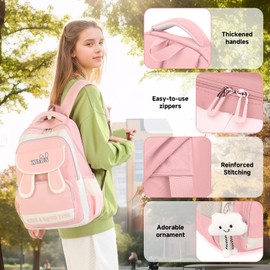 Amythe School Backpack Girls Teenagers, Lightweight Waterproof Daypack with Cute Pendant, School Bag for Girls 3-5th Class and Secondary School, Large Backpack Teenager, pink