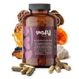 Unruled Mushroom Mix Blend Mezcla Extractos Puros Hongos Adaptogenos Melena Leon Reishi Cordyceps Cola Pavo Chaga Maitake Cápsulas Veganas 45g