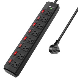 8 Outlet Metal Power Strip with Individual Switches,Heavy Duty Appliance Power Strip with Flat Plug,1200J Surge Protector,10FT Extension Cord,15A 120V 1800W,Home Office School Shop Industrial