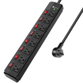 8 Outlet Metal Power Strip with Individual Switches,Heavy Duty Appliance Power Strip with Flat Plug,1200J Surge Protector,10FT Extension Cord,15A 120V 1800W,Home Office School Shop Industrial