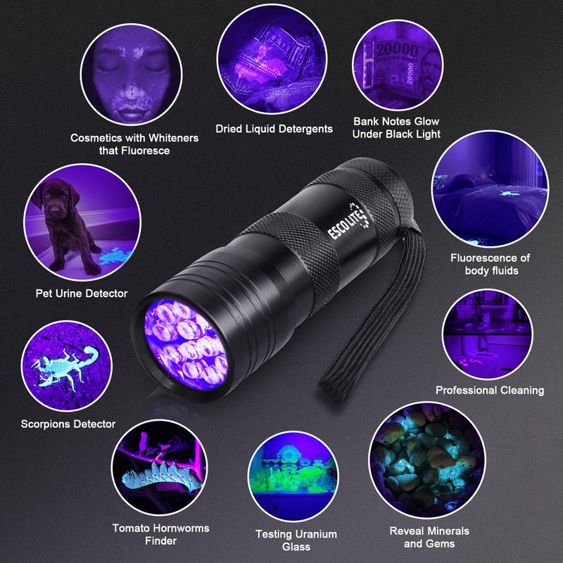 ESCO LITE 2 Packs Black Light Flashlight, 12LED 395nm UV