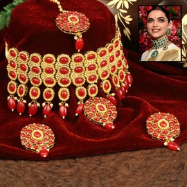 I Jewels Indian Bollywood Style Gold Plated Bridal Pearl Choker Necklace Set with Maang Tikka