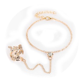 Sttiafay Gold Finger Ring Bracelet Hollow Leaf Rhinestone Hand Chain Bohemian Hand Harness Slave Bracelet Jewellery for Women and Girls, Metal