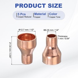 PATIKIL 5Pcs Copper Reducer 1/2" x1/4" ID Reducing Copper Coupling Fitting Pipe Adapter