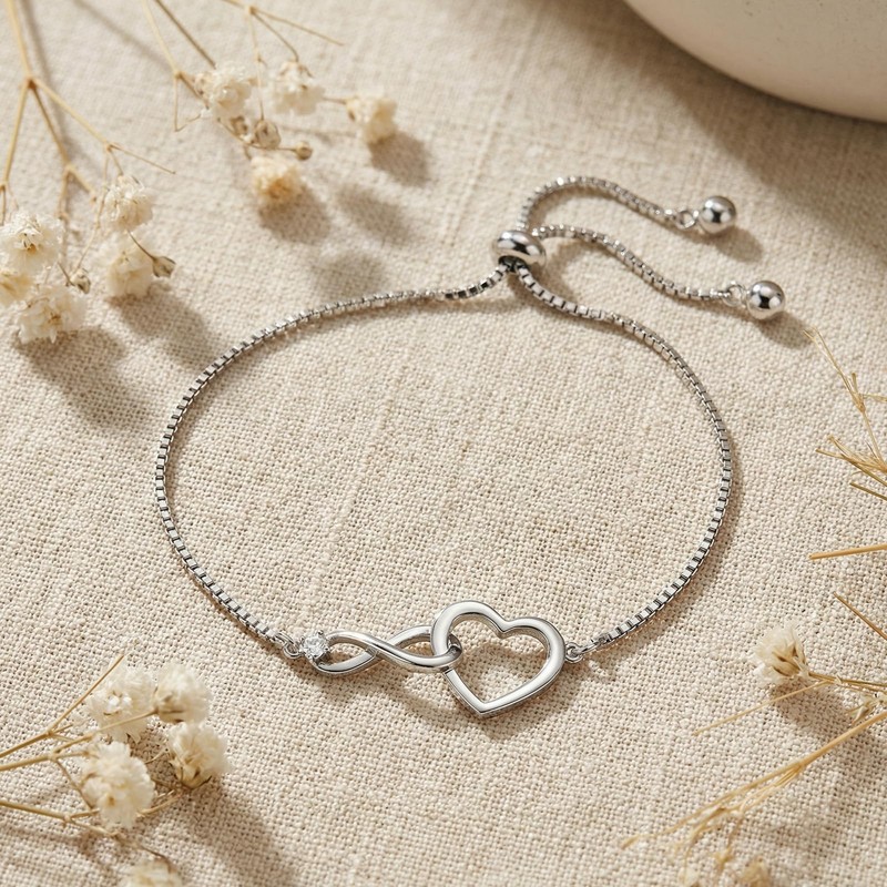 BXDA Silver Rhinestone Infinity Heart Link Bracelet for Women, Dainty