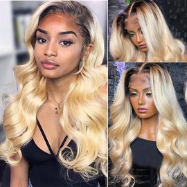 Smavida Pre Plucked Lace Front Wigs - 13x4 HD Ultra-thin Invisible Lace Front Wigs for Black Women, Dark Roots Ombre Blonde Human Hair Wigs Body Wave Melted Hairline