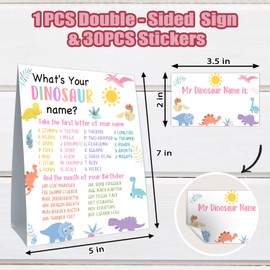 Cidobi What's Your Dinosaur Name, 1 Dinosaur Name Game Double Sided Sign 30 Name Stickers, Birthday Party Game, Party Activity Game Supplies for Kids and Teens, Plays for 30 People