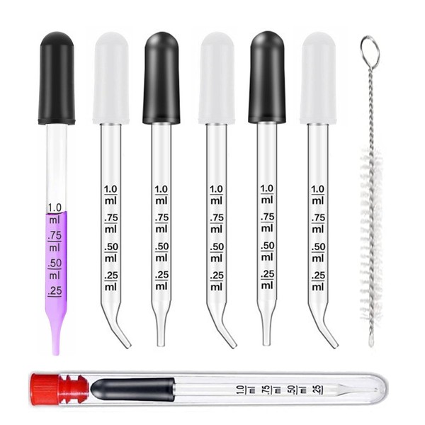 6 Eyedropper Glass Pipettes Graduated Glass Tube Rubber Cap Cleaning Brush Clear Straight Head Bent Tip Dropper for Easy Dose Measuring Independent Packaging with Storage Case