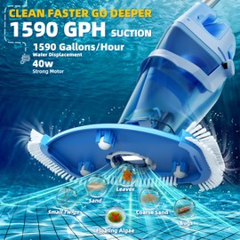 Cordless Pool Vacuum, 1950 GPH Powerful Suction, Handheld Pool Cleaner with Telescopic Pole, 60 Min Runtime, 2L Large Capacity, Rechargeable for Above Ground & Inground Pools, Spas & Hot Tubs