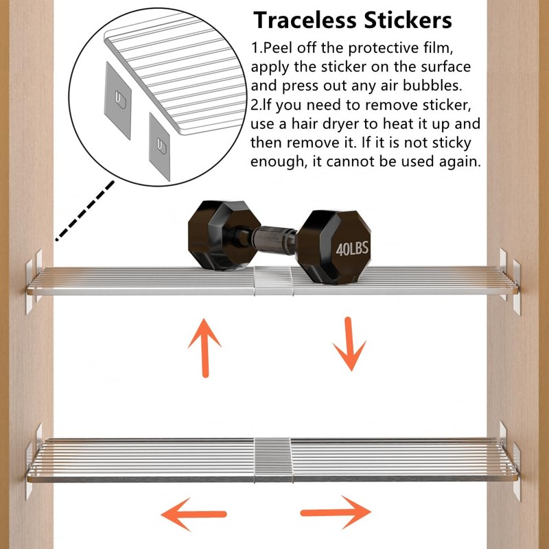 Slideep Adjustable Closet Storage Shelves with Seamless Sticker, Stainless Steel