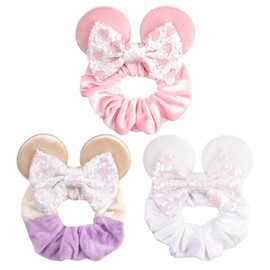 zhezesmila 3 Pack Velvet Mouse Ears Scrunchies with Bow for Women Girls Elastic Hair Ties for Pony Tail Party Costume - Cute Hair Accessories