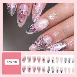 FIEONCIY Press on Nails Almond Shape-Glossy Full Cover Acrylic False Nails with Butterfly Bow Star Designs Artificial Medium Almond Pointed Fake Nails Glue ons Nails Stick on Fingernails for Women