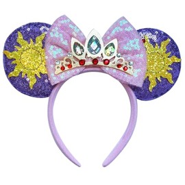 FUGUIZHU Mouse Ear Headband,Rapunzel Princess Ear Hairband,Sun Crown Glitter Sequin Bow Ears for Women Adult Cosplay Costume Birthday Party Decorations Favor Shiny Hair Accessory-163