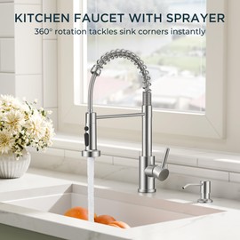 QFN Kitchen Faucet with Pull Down Sprayer, Brushed Nickel Stainless Steel Commercial Single Handle Classic Spring Kitchen Sink Faucet with Deckplate Fit for 1 or 3 Hole for Farmhouse Rv Laundry Room