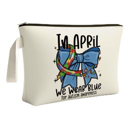 ARPTCN Autism Awareness Cosmetic Bag - Autism Awareness Stuff, In April We Wear Blue for Autism Awareness, Bow Themed Lover Gifts for Girls Women