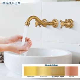 Airuida Wall Mount Bathroom Faucet Widespread Wall Mounted Bathroom Sink Faucet 360 Swivel Spout 2 Cross Knobs 3 Holes Lavatory Basin Sink Mixing Faucet with Brass Rough in Valve Antique Brass