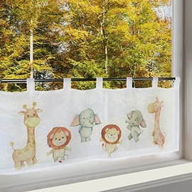 Delindo Lifestyle Net Curtain African Animals, Curtain for Boys and Girls, 45 x 120 cm, Modern Transparent Bistro Curtain for Children's Room, White