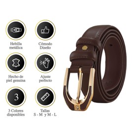 Vedicci Cinturon para mujer de Piel Genuina con hebilla metálica. Cintos para mujer de diseño casual o formal. Cinturones mujer/dama. Disponibles en 2 tallas. Women Belt. Gout (Café Oscuro, M-L)