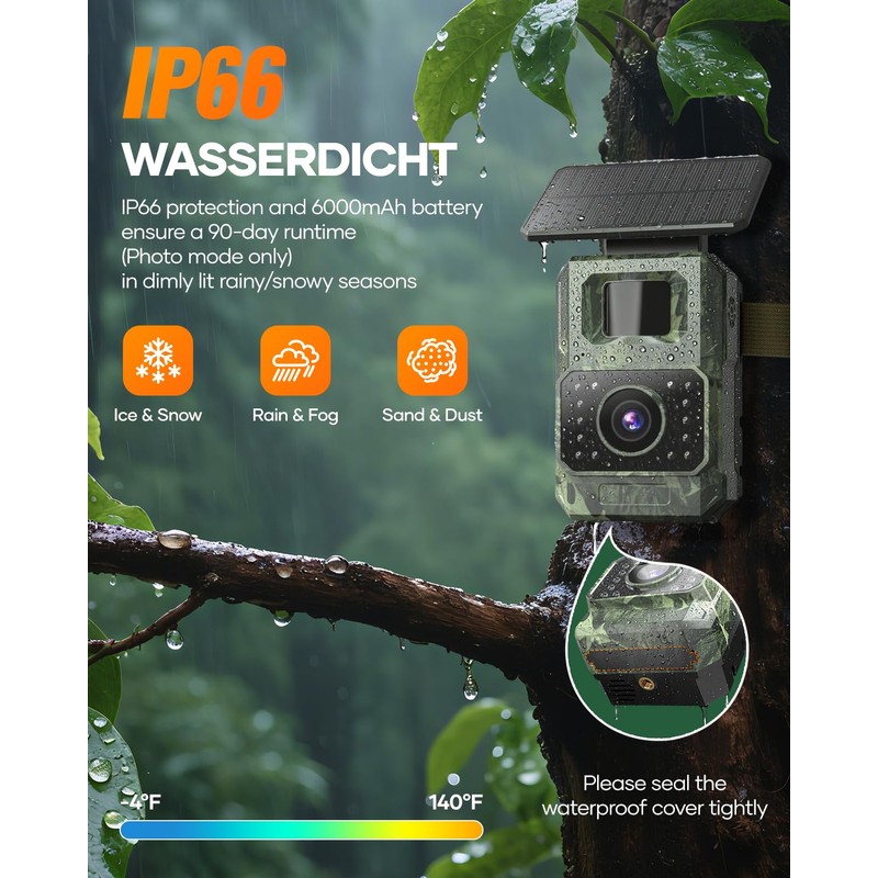 Solar Trail Camera 64MP 4K, 6000mAh Wildlife Camera with Night