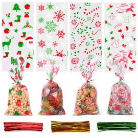 Christmas Cellophane Bags,Cydaluya 120pcs Clear Cellophane Treat Bags,Christmas Cookie Bags with 150 Twist Ties for Candy Packaging of Christmas（12.5x27cm）