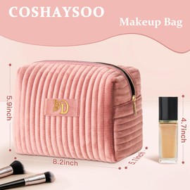 COSHAYSOO Travel Makeup Bag Quilted Make Up Pouch Initial Velvet Cosmetic Case with Butterfly Decorations for Women Birthday Party Favor Supplies Cool Popular Easter Valentines Gifts Pink Letter D