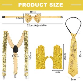 Pack of 4 Glitter Costume Accessories Men's New Year's Eve Costume Accessories Sequins Outfit Men with Braces, Bow Tie, Gloves, for New Year, Carnival, Hip-Hop Dance, Theme Party (Gold)