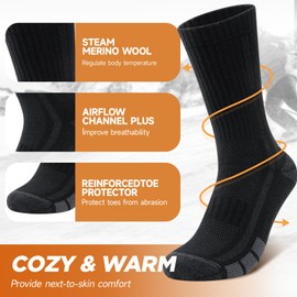 TANSTC Merino Men's Wool Socks, Outdoor & Trekking Socks 35-38, 39-42, 43-46, 47-50, Breathable & Anti-Blister, Warm Thick Padded Thermal Socks for Men, Women, 3 Pairs, A29 black