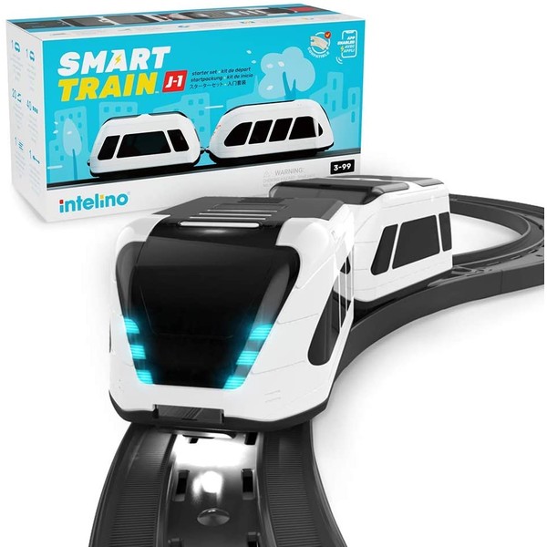 intelino J-1 Smart Train Starter Set - Works Screen-Free and App-Connected - Robot Toy Train That Teaches Coding Through Play - Wooden Train Set Compatible - Ages 3+