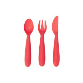 ezpz Happy Utensils - 24 Months+ (Coral) - BPA Free Toddler Utensils - Fork, Spoon and Knife for Toddlers and Preschoolers - Kids Utensils for Self-Feeding Development
