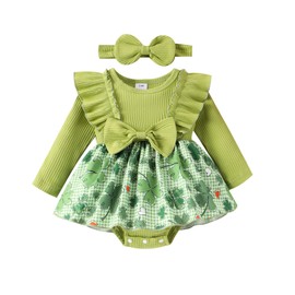 Loalirando Toddler baby Girls St. Patrick's Day Rompers Dress Shamrock Print Layered Skirt Bodysuit Lucky Clover Print Tutu Skirts with Bow Headband (Green, 12-18 Months)