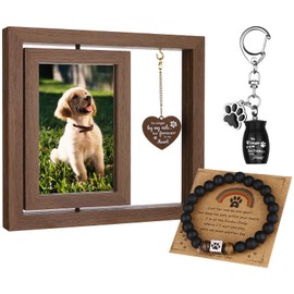 3 Pcs Dog Memorial Gifts for Loss of Dog Sets, 4x6”Rotating Wooden Memorial Photo Frame with 8MM Rainbow Bridge Bracelet Pet Ashes Keepsake Keychain for Beloved Cats Dogs Bereavement Gifts