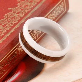 THREE KEYS JEWELRY 8mm White Ceramic Wedding Ring with Koa Wood Inlay Men's Women's Wedding Band Engagement Ring Flat Top Bevel Edge Comfort Fit Size 10