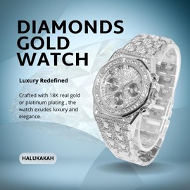 Halukakah Diamond Gold Watch for Boys, Teenagers - 18K Real Gold/Platinum Plated, 40 mm Octagonal Dial with Roman Numerals - 20 cm Length - Optional with Cuban Link Chain, with Adjustment Tool,