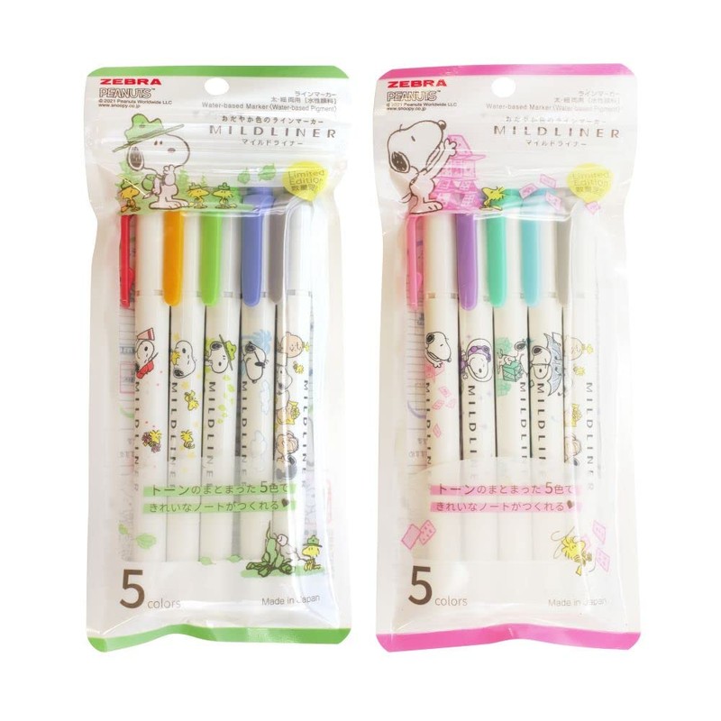 Zebra Highlighter, Mildliner, Snoopy Specialty Mild, Set of 5 Colors,
