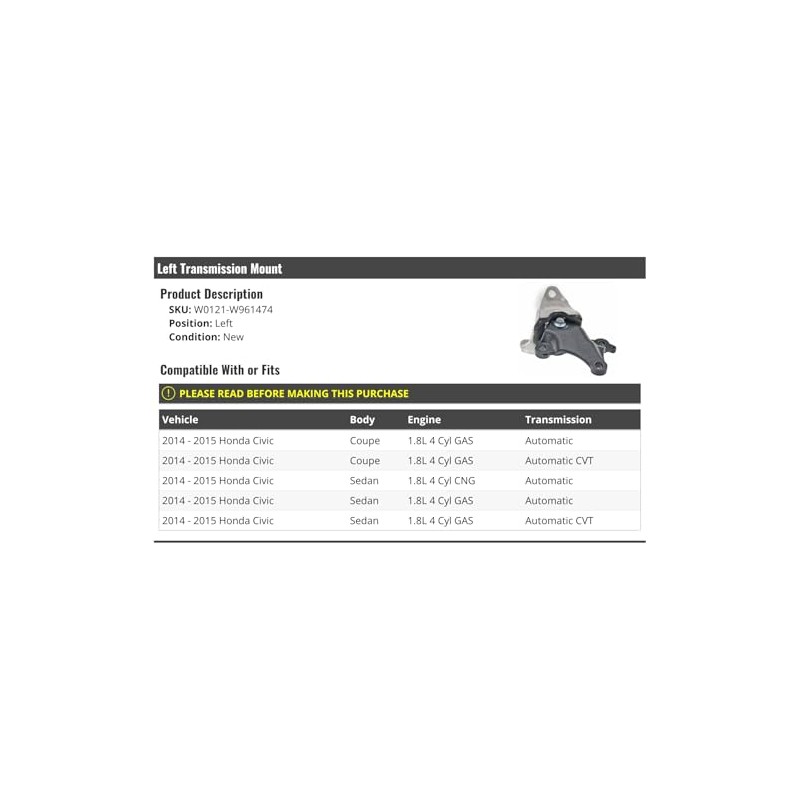Left Automatic Transmission Mount - Compatible with 2014-2015 Honda Civic