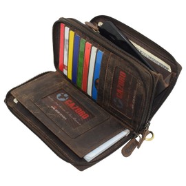 MARSHAL Genuine Leather Double Zipper Clutch Checkbook Wallet for Women #4575CF (Vintage Brown)